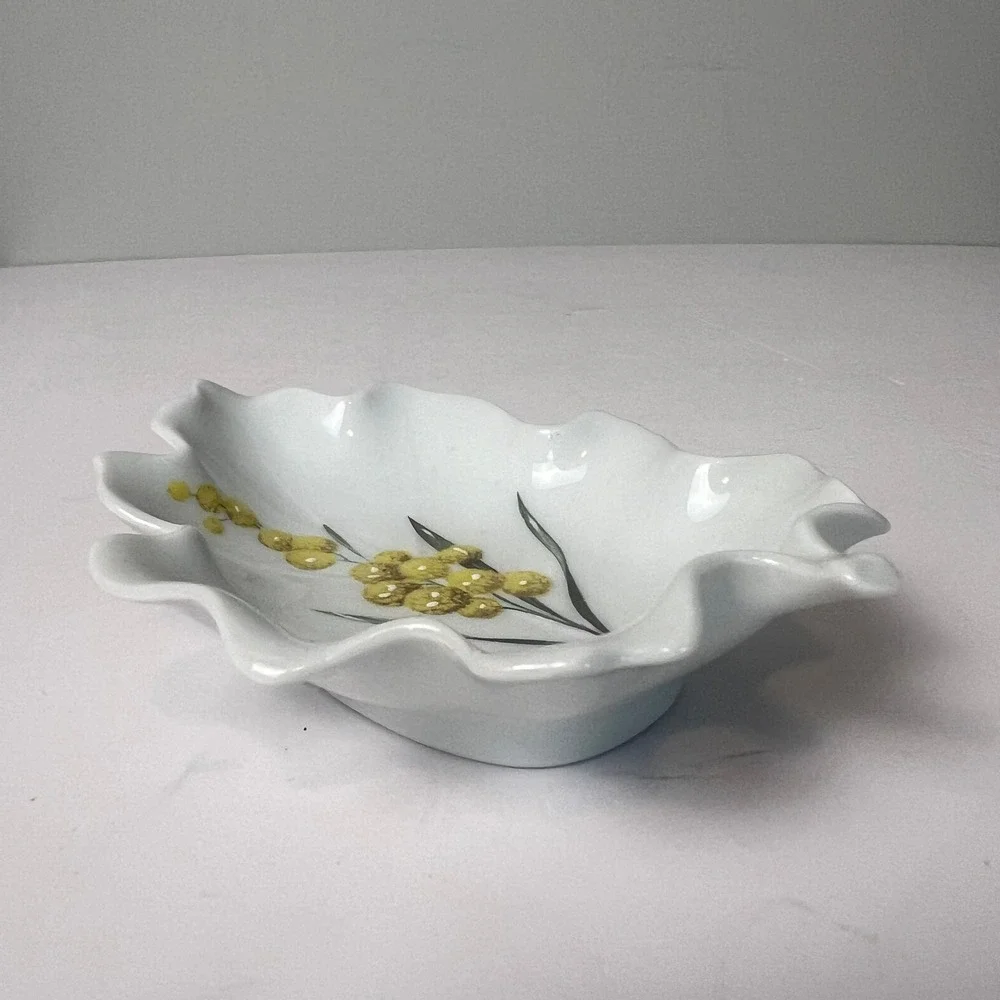 Chamart Limoges Trinket Dish VTG Scalloped Candy Yellow Leaf Floral French Decor